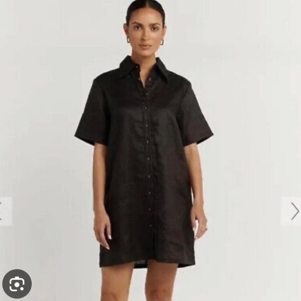 DISSH Bodie Black Linen Button-Down Short Sleeve Shirt Dress 2